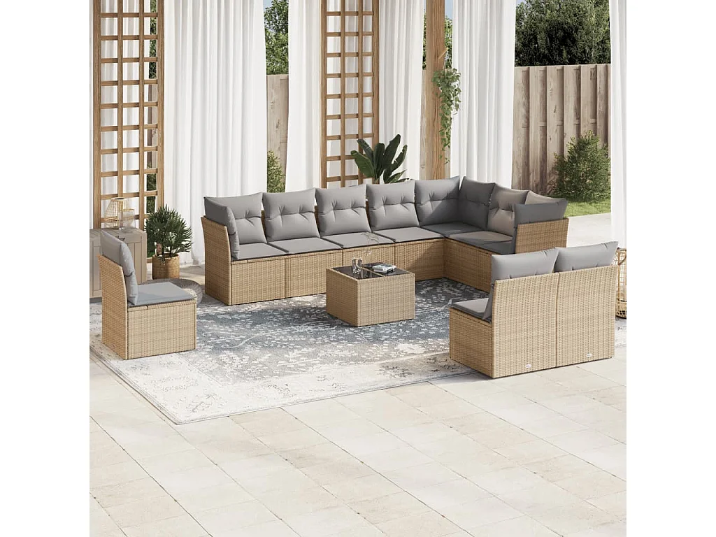 Garden Furniture - Set Divani da Giardino 11 pz con Cuscini Beige in Polyrattan