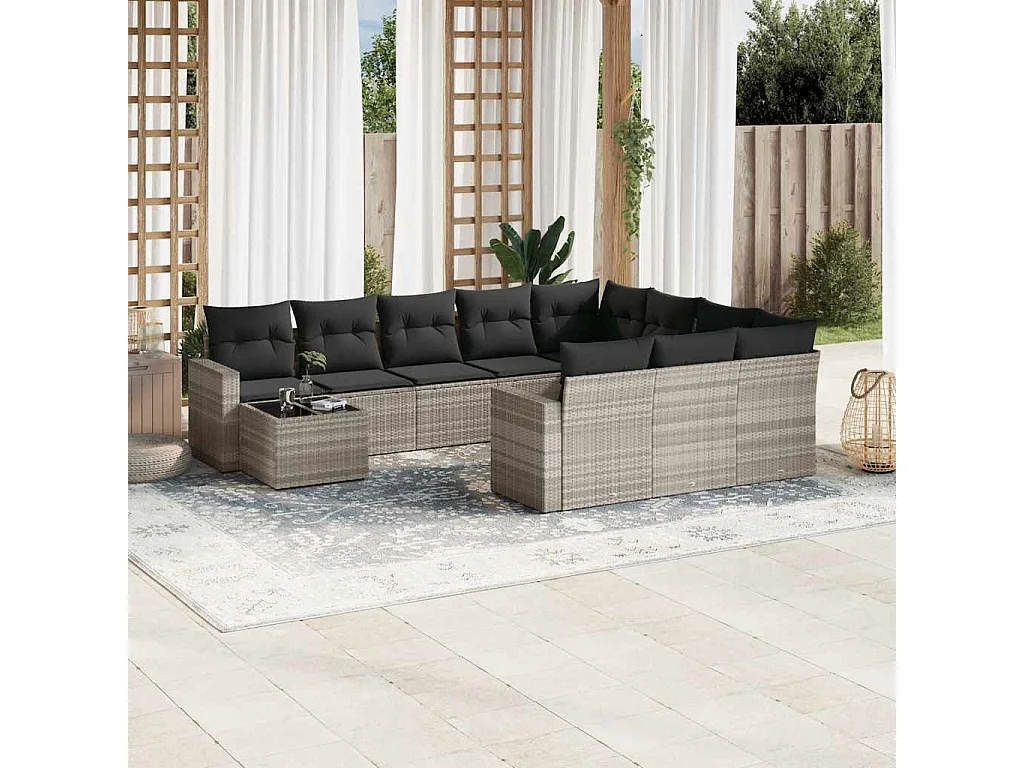 Garden Furniture - 11-delige Loungeset met kussens poly rattan lichtgrijs