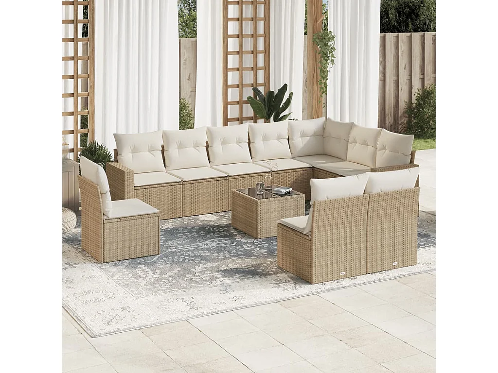 11 pcs conjunto sofás de jardim c/ almofadões vime PE bege