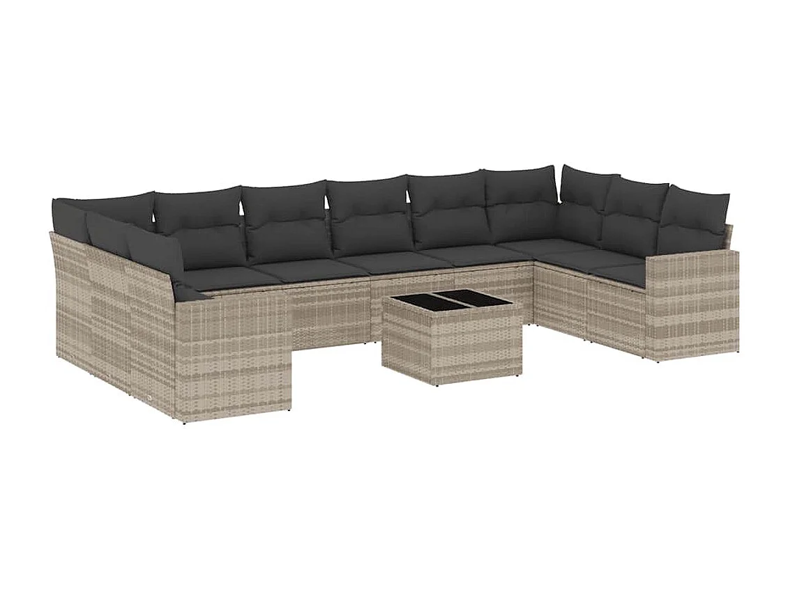 11 pcs conjunto sofás de jardim c/ almofadões vime PE cinzento