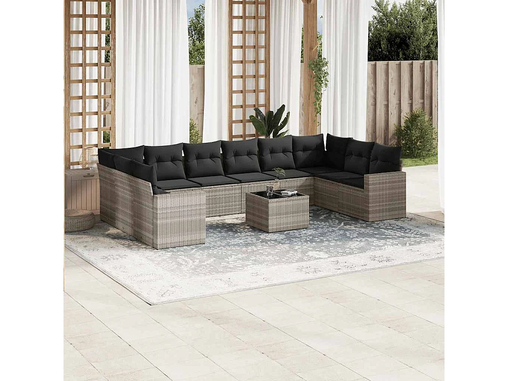 11 pcs conjunto sofás de jardim c/ almofadões vime PE cinzento