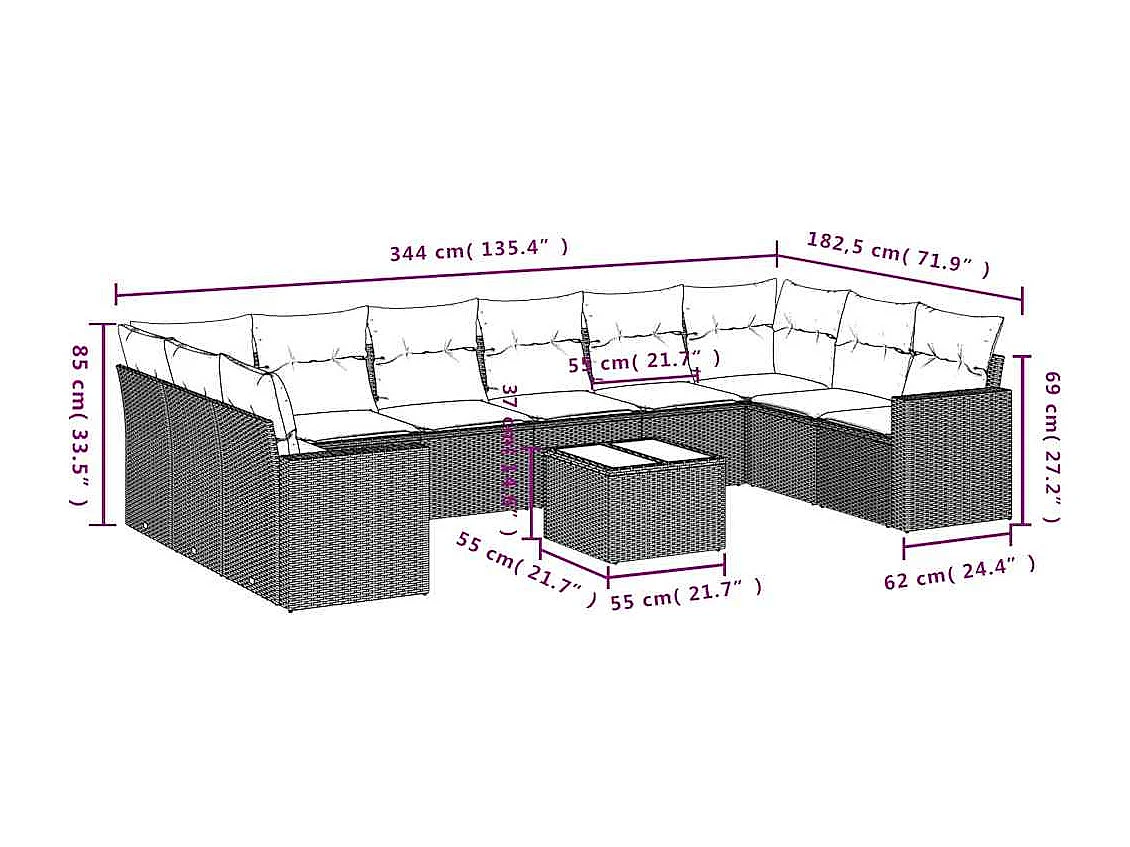 11 pcs conjunto sofás de jardim c/ almofadões vime PE cinzento