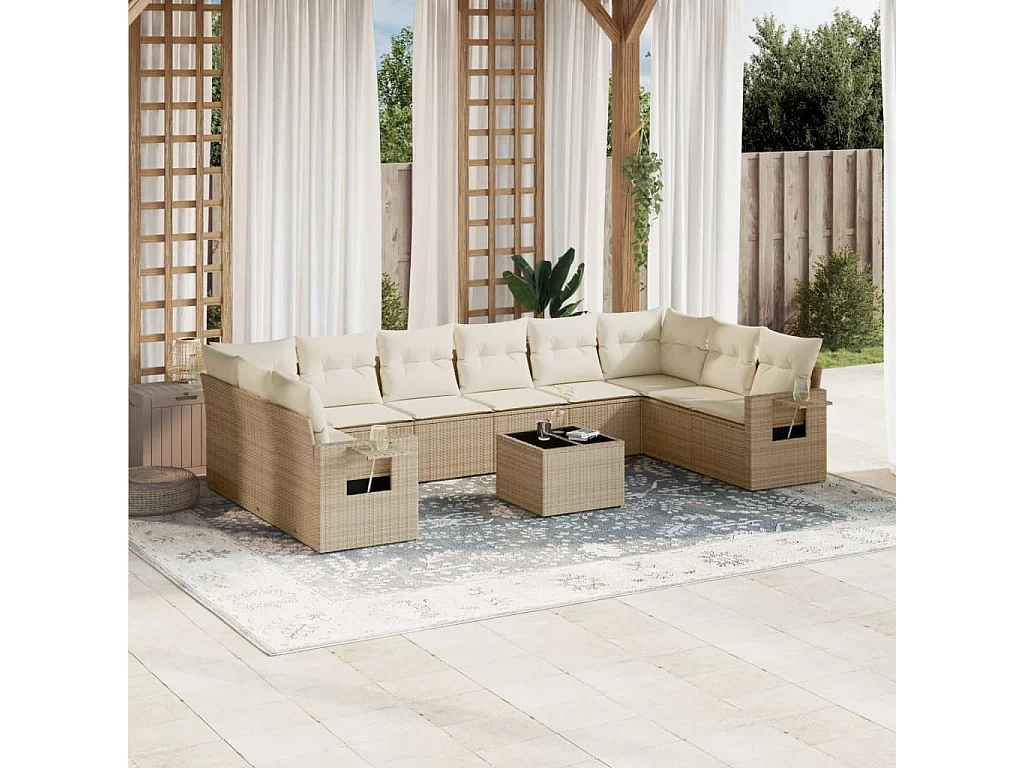 11 pcs conjunto sofás de jardim c/ almofadões vime PE bege