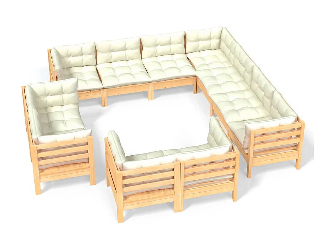 11 pcs conjunto lounge jardim c/ almofadões creme pinho maciço