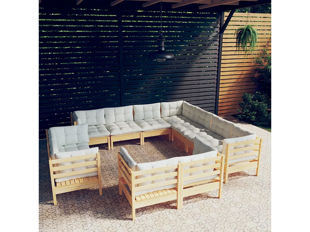 11 pcs conjunto lounge jardim c/ almofadões creme pinho maciço