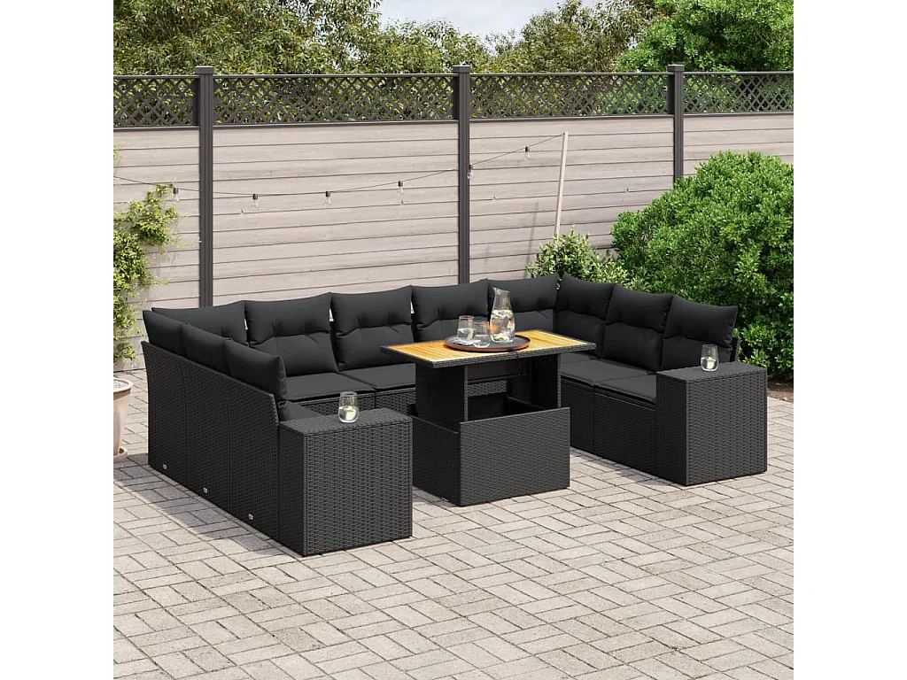 Garden Furniture - 10-tlg. Garten-Sofagarnitur mit Kissen Schwarz Poly Rattan