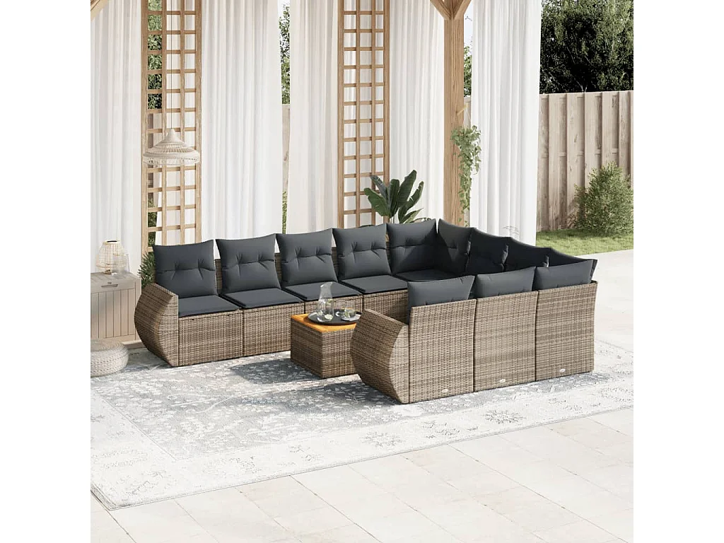 Garden Furniture - 11-tlg. Garten-Sofagarnitur mit Kissen Grau Poly Rattan