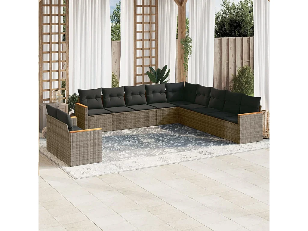 Garden Furniture - 11-tlg. Garten-Sofagarnitur mit Kissen Grau Poly Rattan
