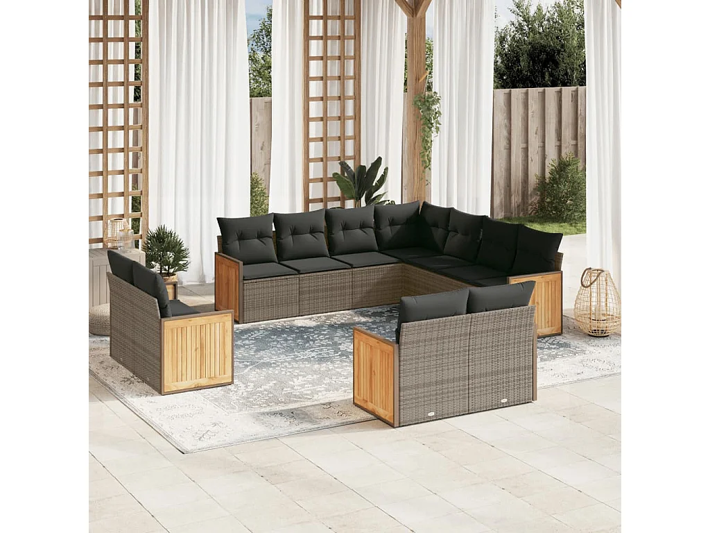 11 pcs conjunto sofás de jardim c/ almofadões vime PE cinzento