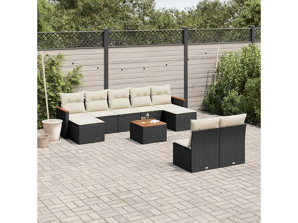 Garden Furniture - 10-tlg. Garten-Sofagarnitur mit Kissen Schwarz Poly Rattan