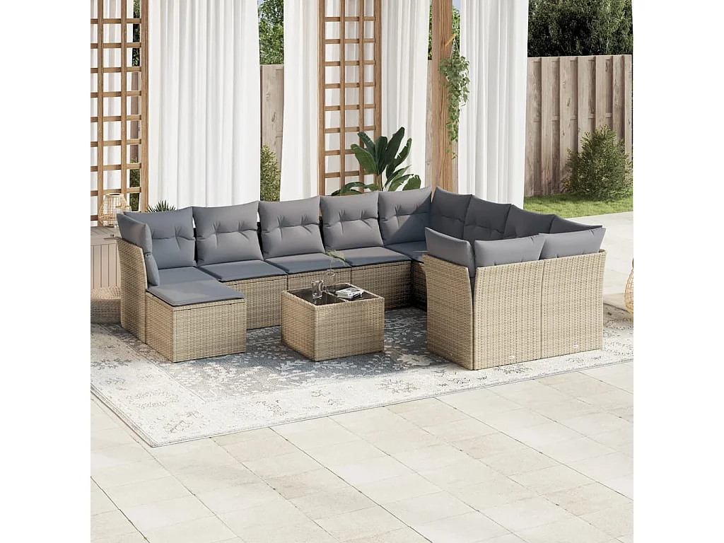 Garden Furniture - Set Divani da Giardino 11 pz con Cuscini Beige in Polyrattan