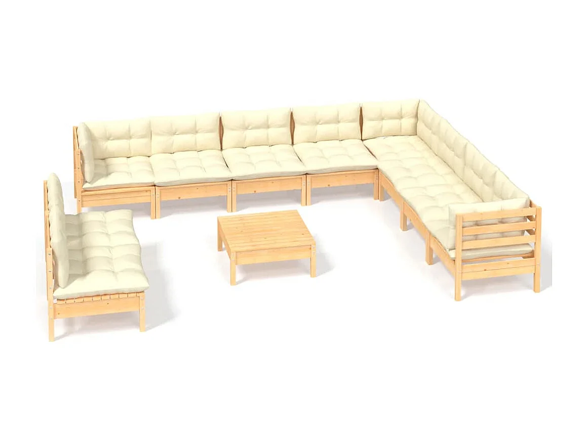 11 pcs conjunto lounge jardim c/ almofadões creme pinho maciço