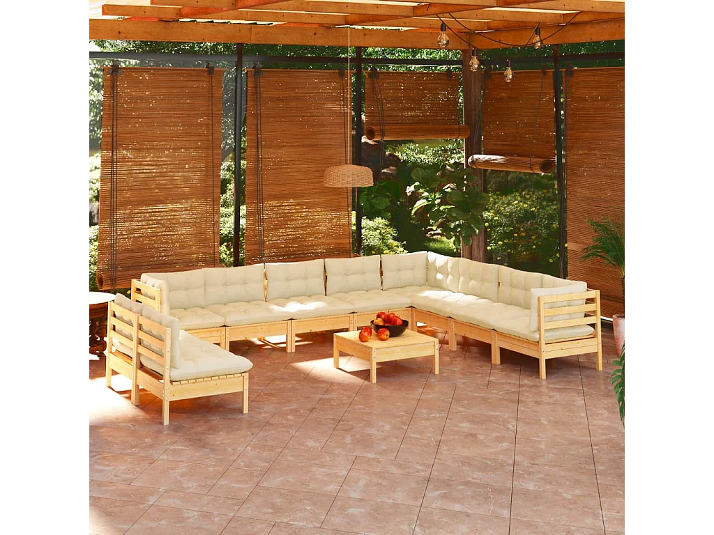 11 pcs conjunto lounge jardim c/ almofadões creme pinho maciço