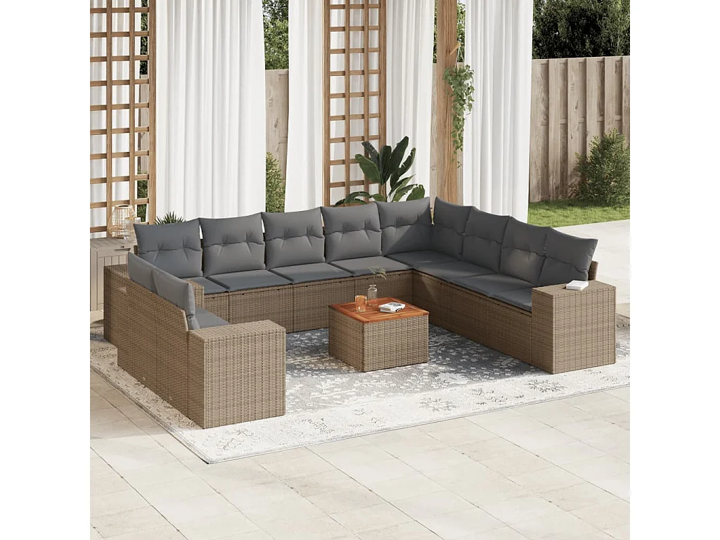 Garden Furniture - 11-tlg. Garten-Sofagarnitur mit Kissen Beige Poly Rattan