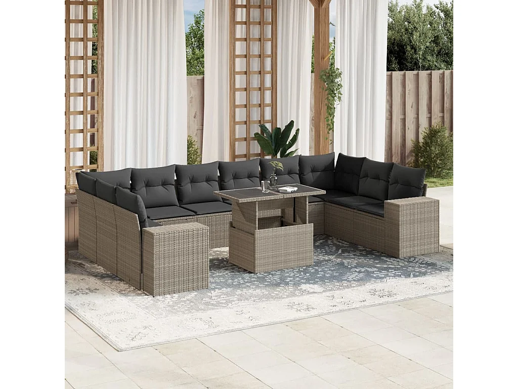 Garden Furniture - 11-tlg. Garten-Sofagarnitur mit Kissen Hellgrau Poly Rattan