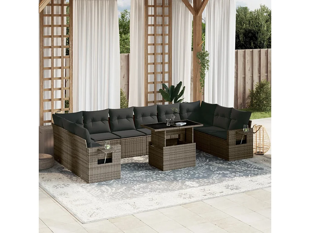 Garden Furniture - 11-tlg. Garten-Sofagarnitur mit Kissen Grau Poly Rattan