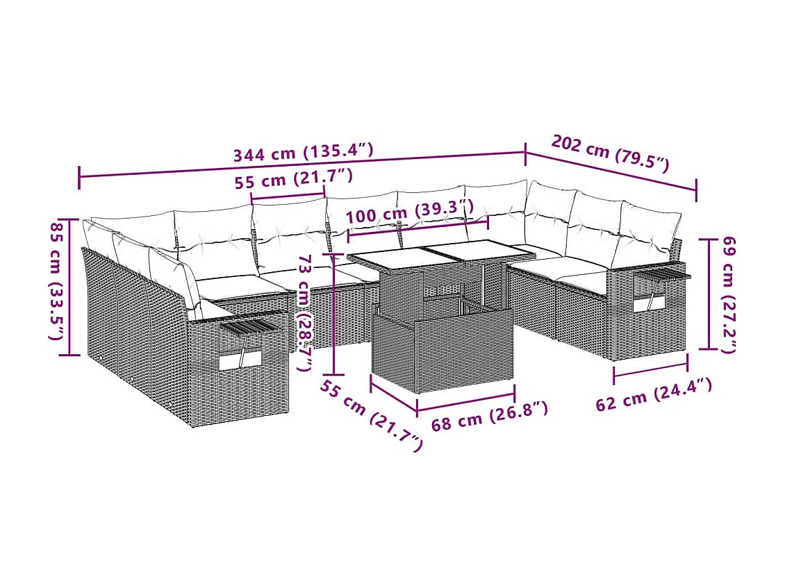 Garden Furniture - 11-tlg. Garten-Sofagarnitur mit Kissen Grau Poly Rattan