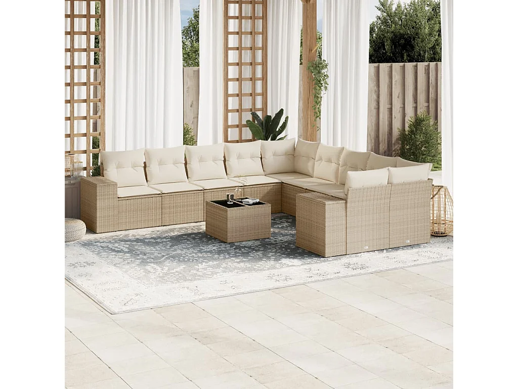 11 pcs conjunto sofás de jardim c/ almofadões vime PE bege