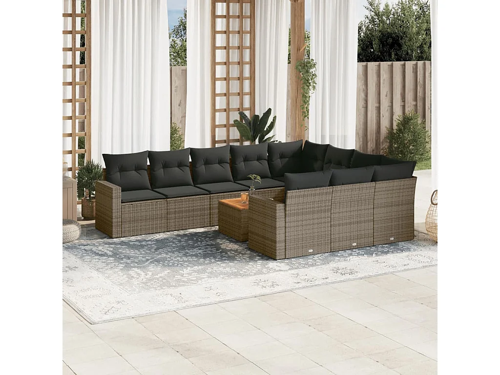 Garden Furniture - 11-tlg. Garten-Sofagarnitur mit Kissen Grau Poly Rattan
