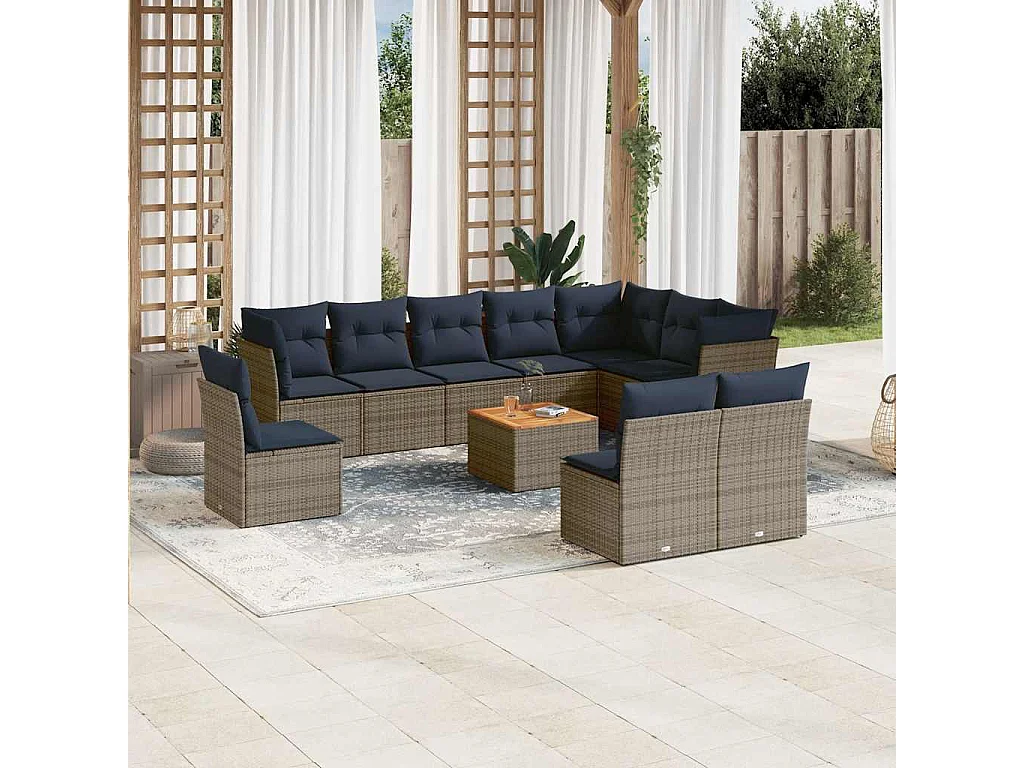 Garden Furniture - 11-tlg. Garten-Sofagarnitur mit Kissen Grau Poly Rattan