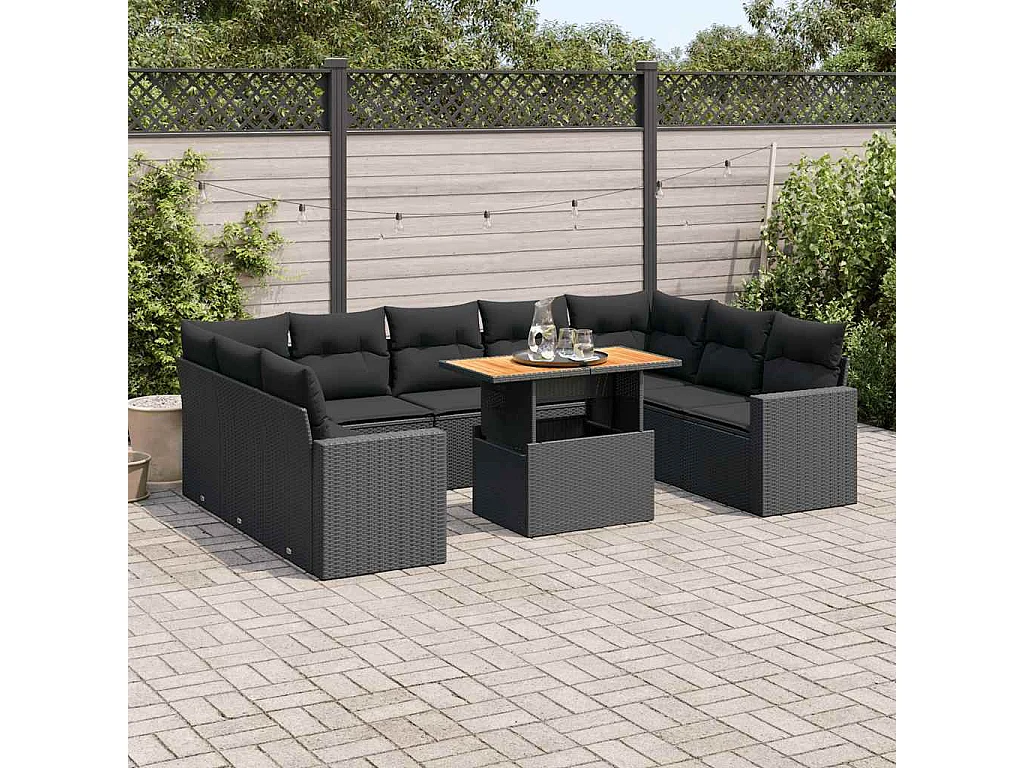 Garden Furniture - 10-tlg. Garten-Sofagarnitur mit Kissen Schwarz Poly Rattan