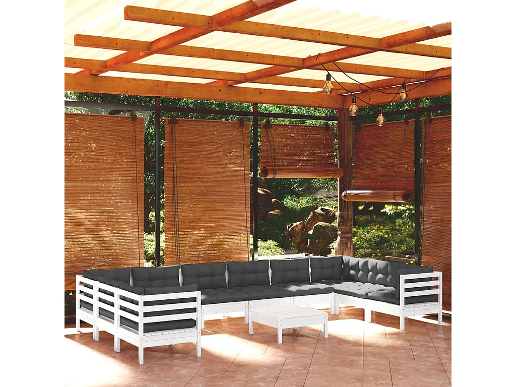 11 pcs conjunto lounge de jardim c/ almofadões pinho branco