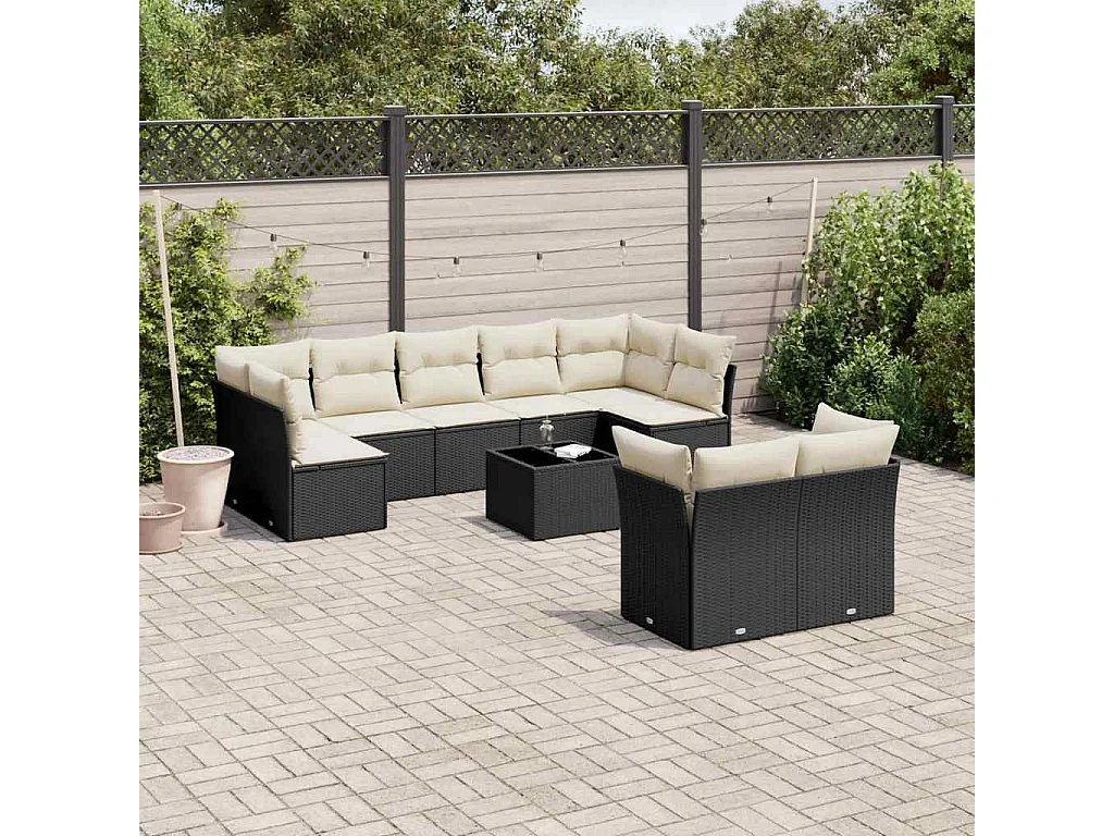 Garden Furniture - Set Divani da Giardino 10pz con Cuscini in Polyrattan Nero