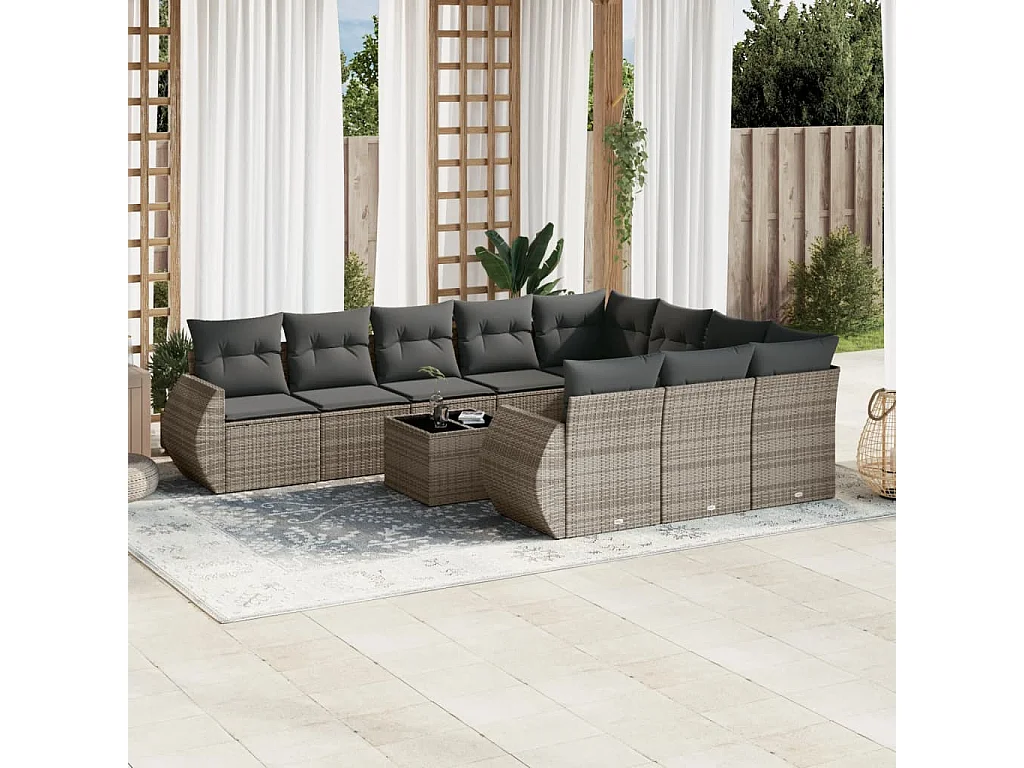 Garden Furniture - Set Divani da Giardino 11 pz con Cuscini in Polyrattan Grigio
