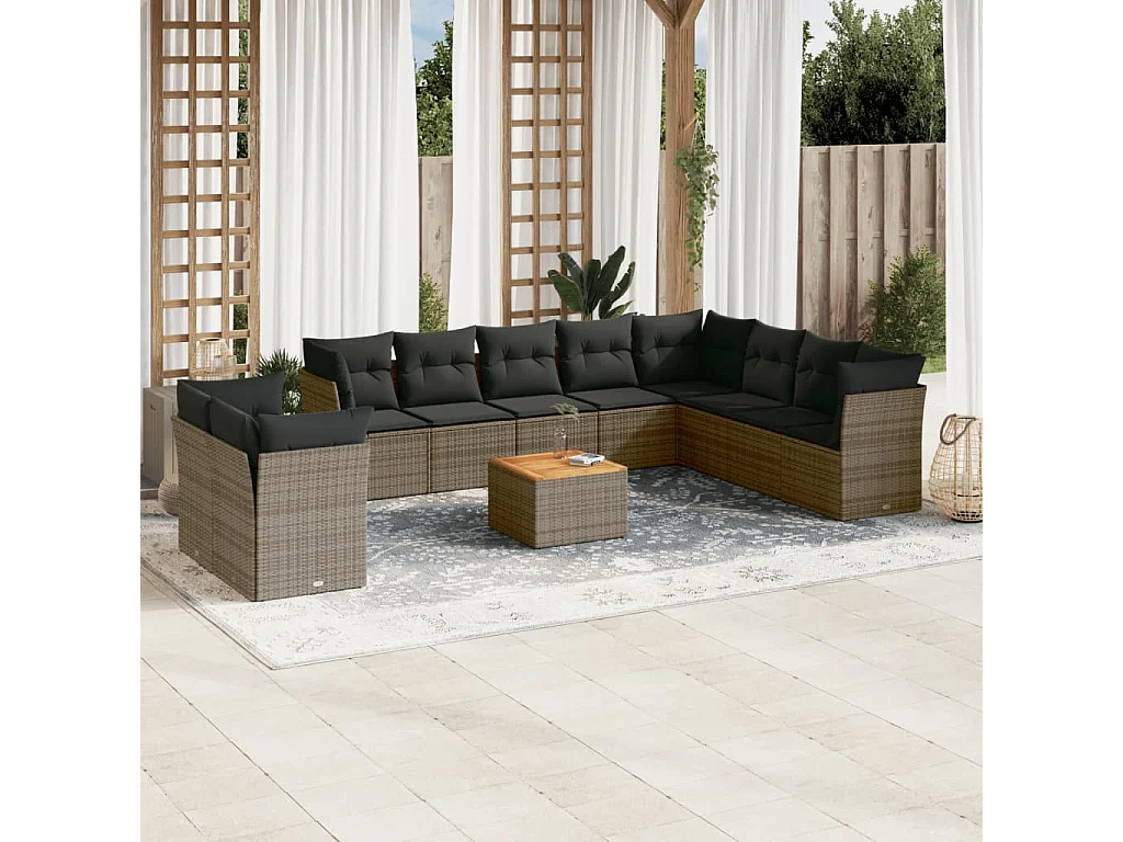 Garden Furniture - 11-tlg. Garten-Sofagarnitur mit Kissen Grau Poly Rattan