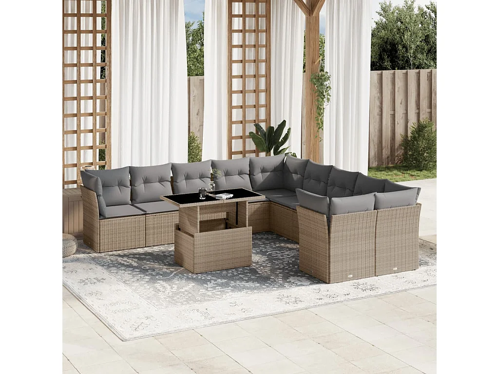 Garden Furniture - 11-tlg. Garten-Sofagarnitur mit Kissen Beige Poly Rattan