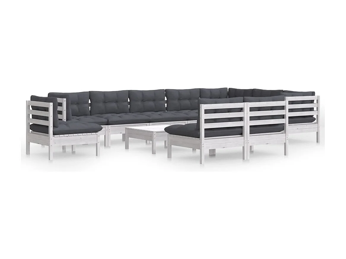 11 pcs conj. lounge de jardim c/ almofadões pinho maciço branco