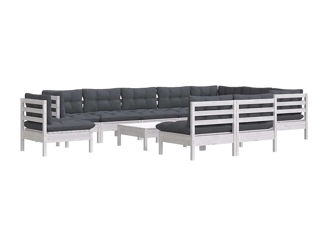 11 pcs conj. lounge de jardim c/ almofadões pinho maciço branco