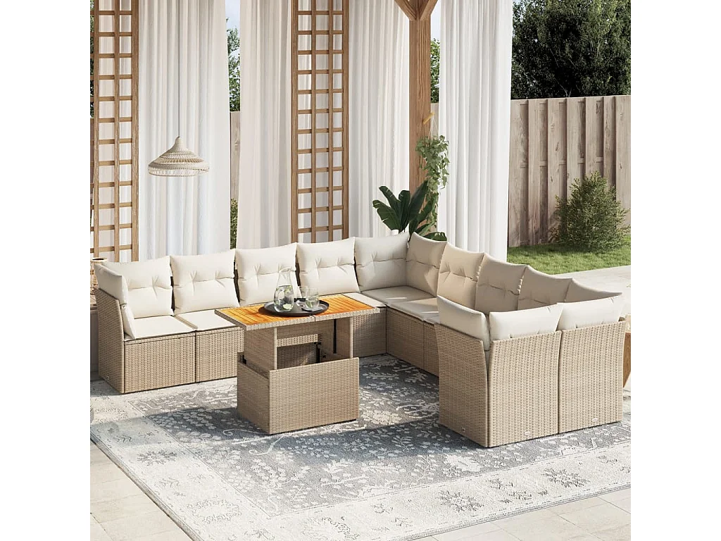 11 pcs conjunto sofás de jardim c/ almofadões vime PE bege