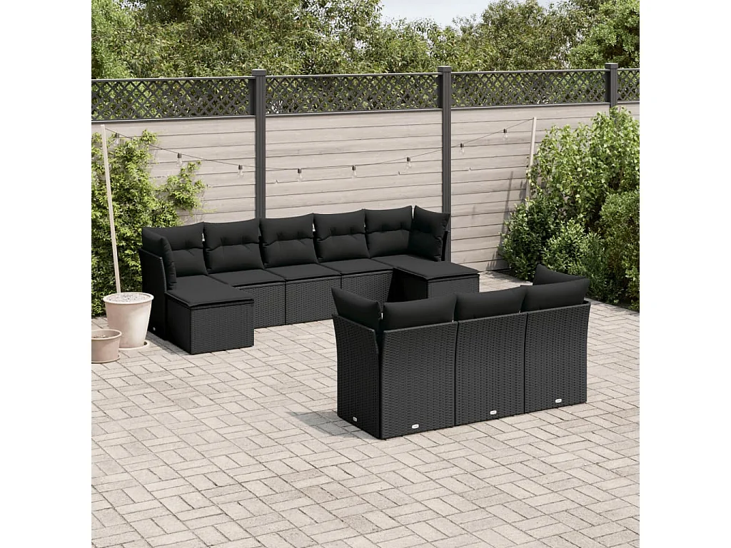 Garden Furniture - Salon de jardin 10 pcs avec coussins noir résine tressée