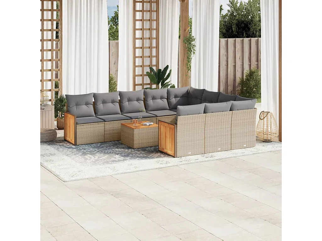 Garden Furniture - 11-tlg. Garten-Sofagarnitur mit Kissen Beige Poly Rattan