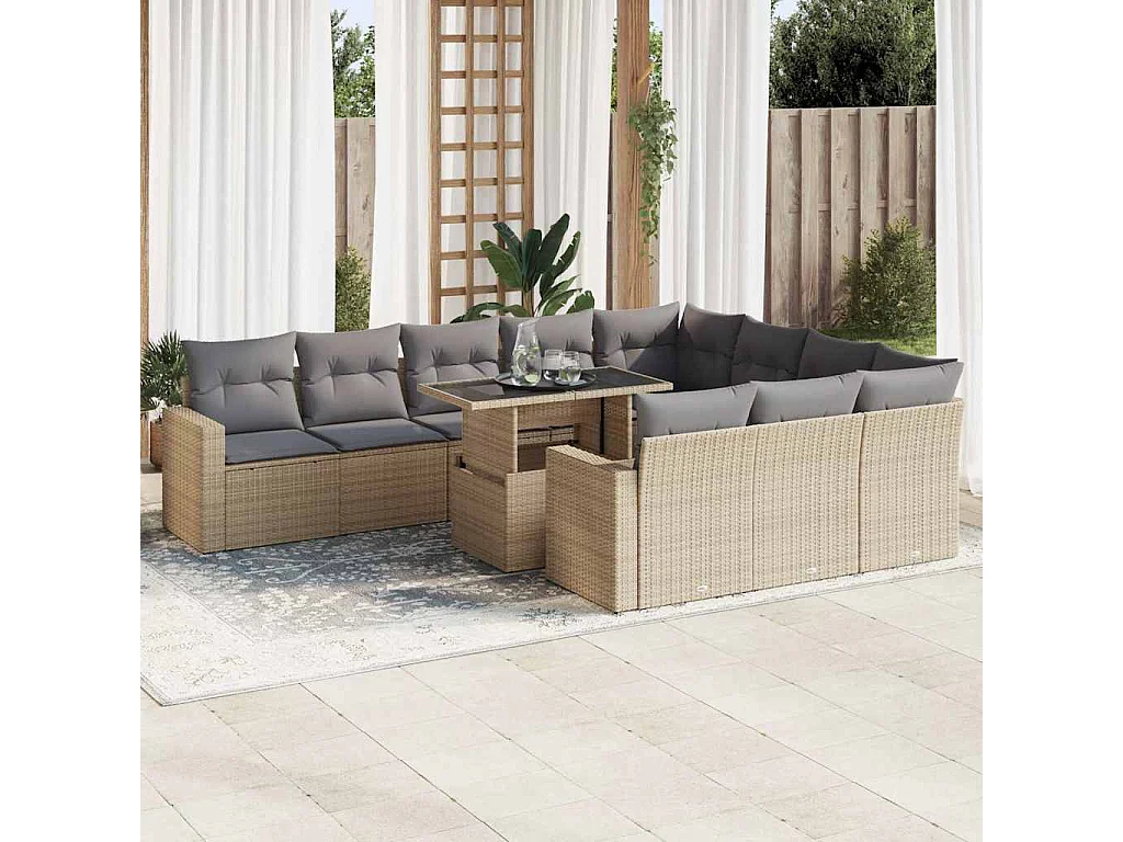 Garden Furniture - 11-tlg. Garten-Sofagarnitur mit Kissen Beige Poly Rattan