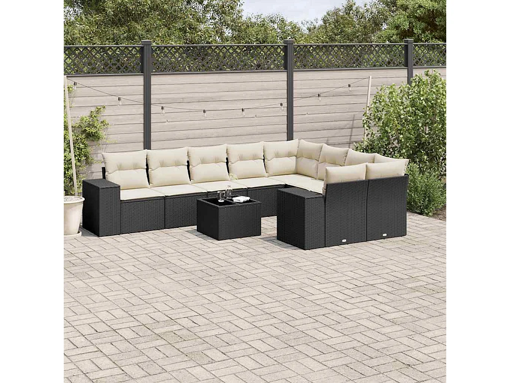 Garden Furniture - Set Divani da Giardino 10pz con Cuscini in Polyrattan Nero