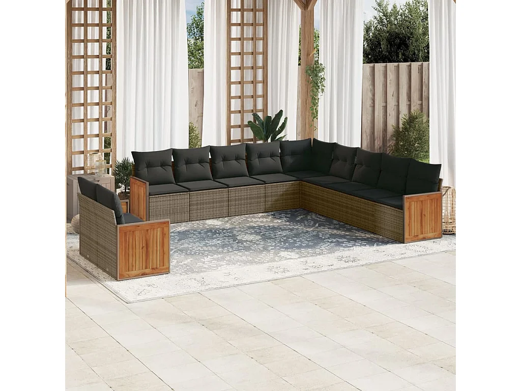 Garden Furniture - 11-tlg. Garten-Sofagarnitur mit Kissen Grau Poly Rattan