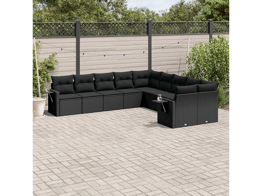 Garden Furniture - Set Divani da Giardino 10pz con Cuscini in Polyrattan Nero