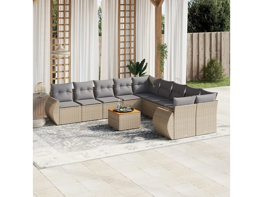 Garden Furniture - 11-tlg. Garten-Sofagarnitur mit Kissen Beige Poly Rattan