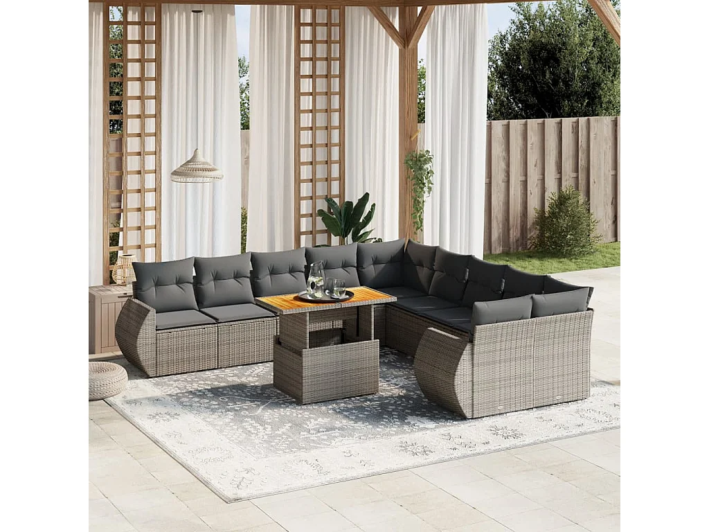 Garden Furniture - 11-tlg. Garten-Sofagarnitur mit Kissen Grau Poly Rattan