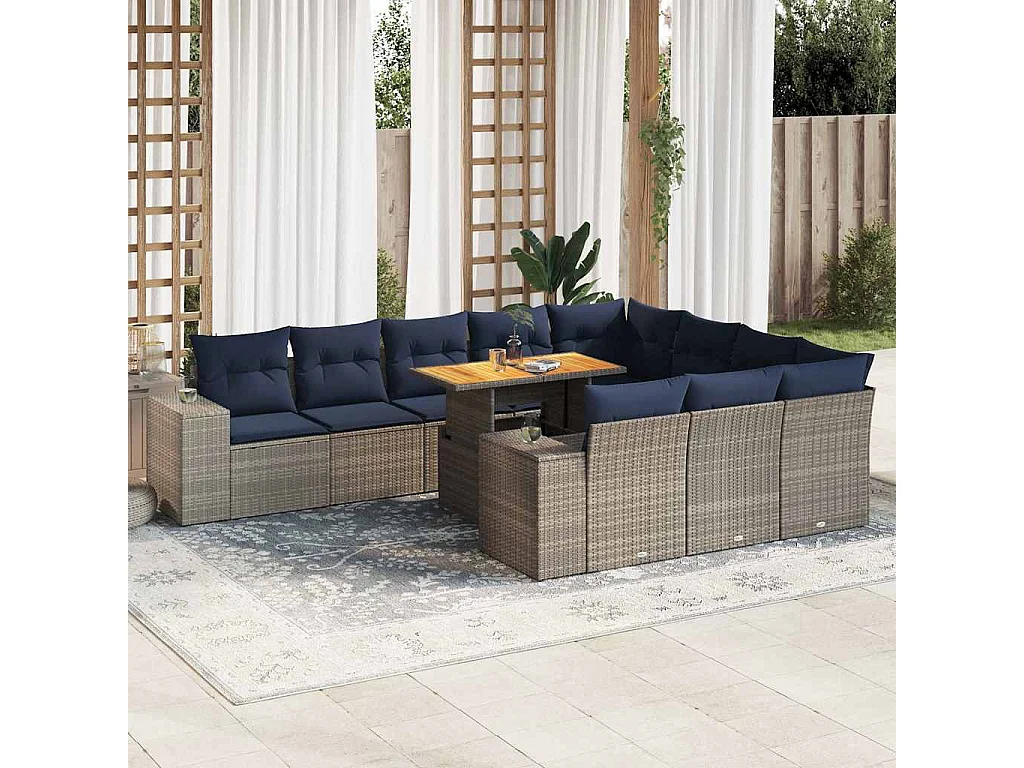 Garden Furniture - 11-tlg. Garten-Sofagarnitur mit Kissen Grau Poly Rattan
