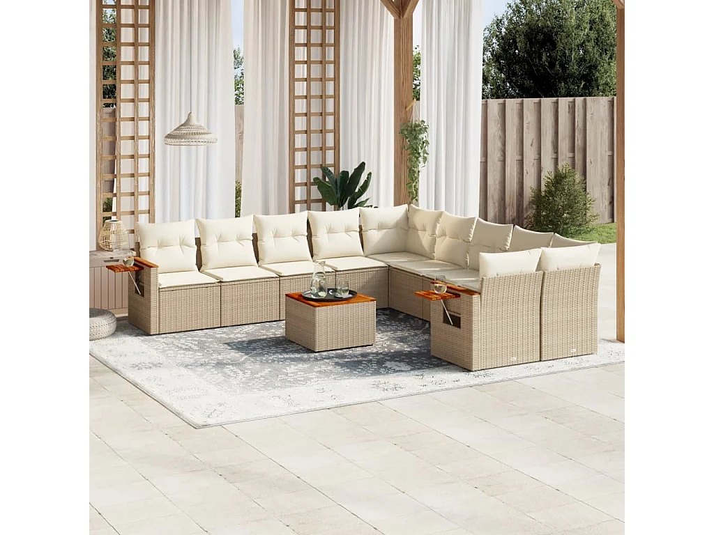 11 pcs conjunto sofás de jardim c/ almofadões vime PE bege