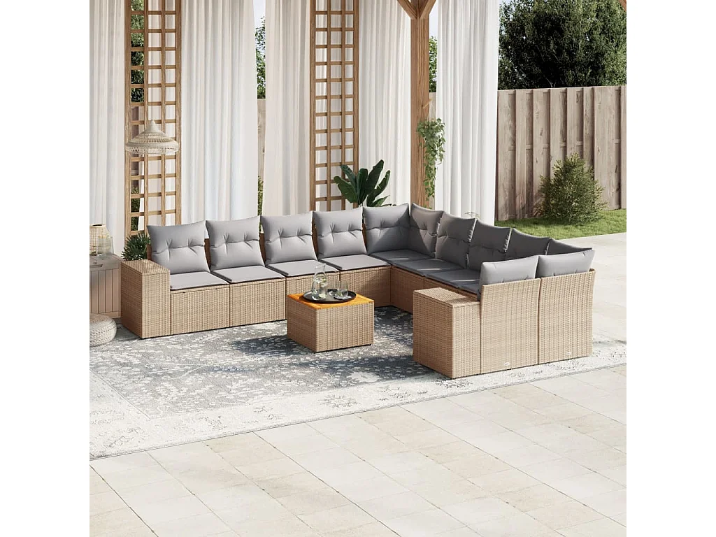 Garden Furniture - 11-tlg. Garten-Sofagarnitur mit Kissen Beige Poly Rattan