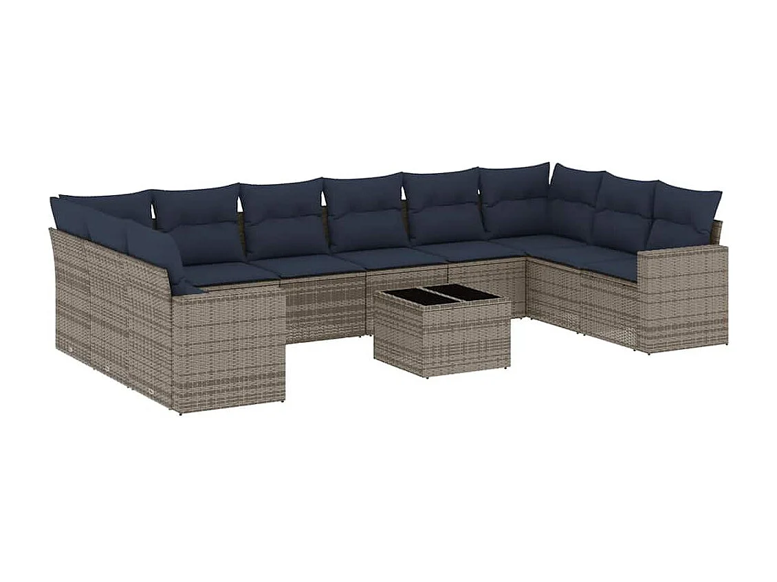 11 pcs conjunto sofás de jardim c/ almofadões vime PE cinzento