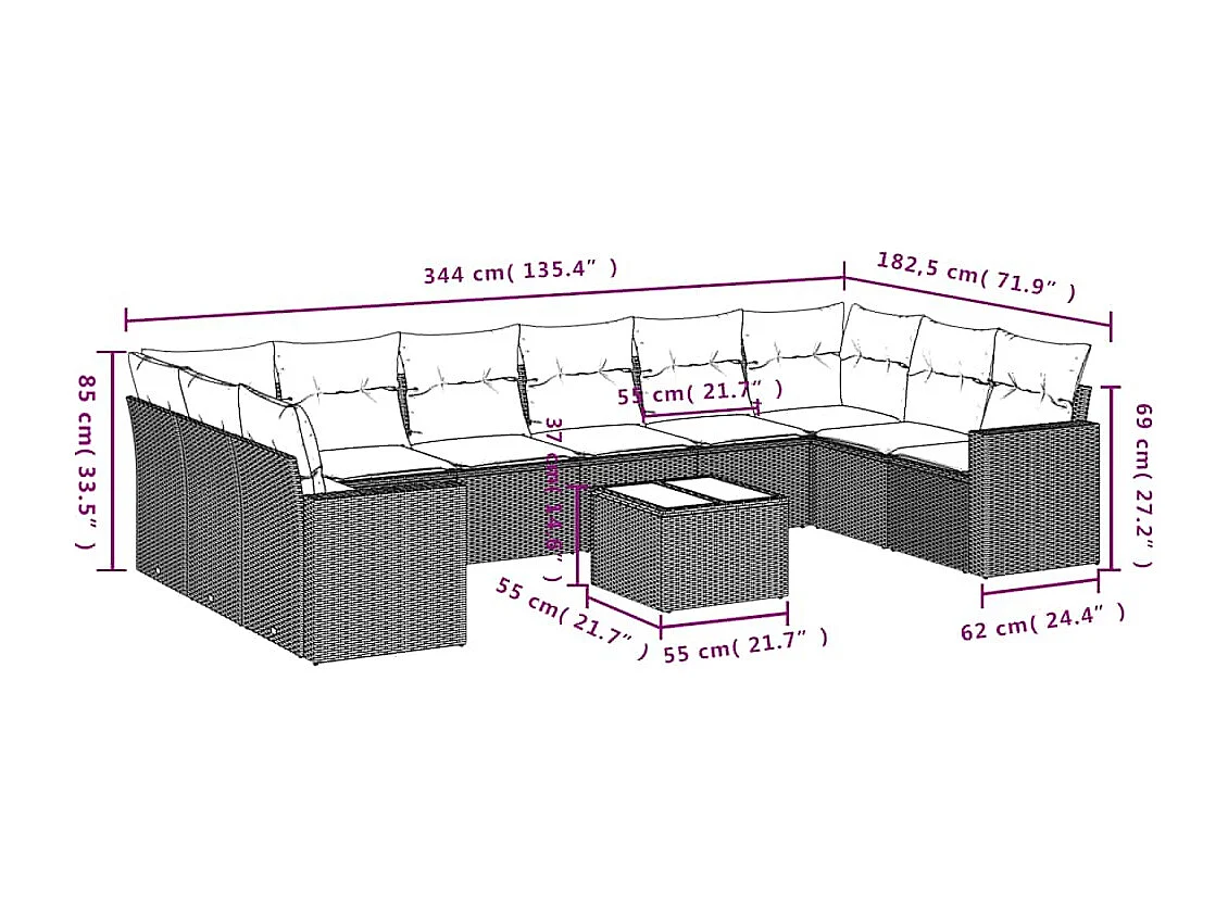 11 pcs conjunto sofás de jardim c/ almofadões vime PE cinzento