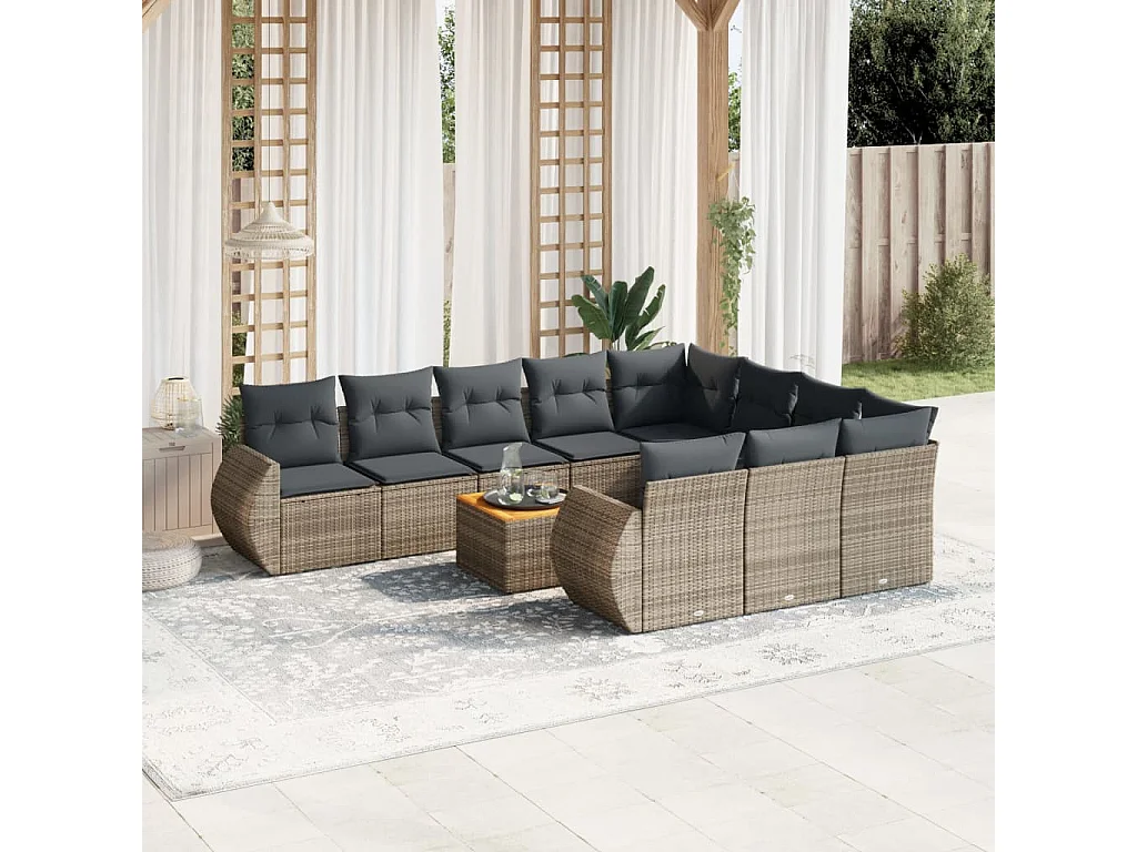 Garden Furniture - 11-tlg. Garten-Sofagarnitur mit Kissen Grau Poly Rattan