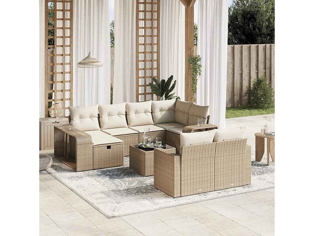 Garden Furniture - 11-tlg. Garten-Sofagarnitur mit Kissen Beige Poly Rattan