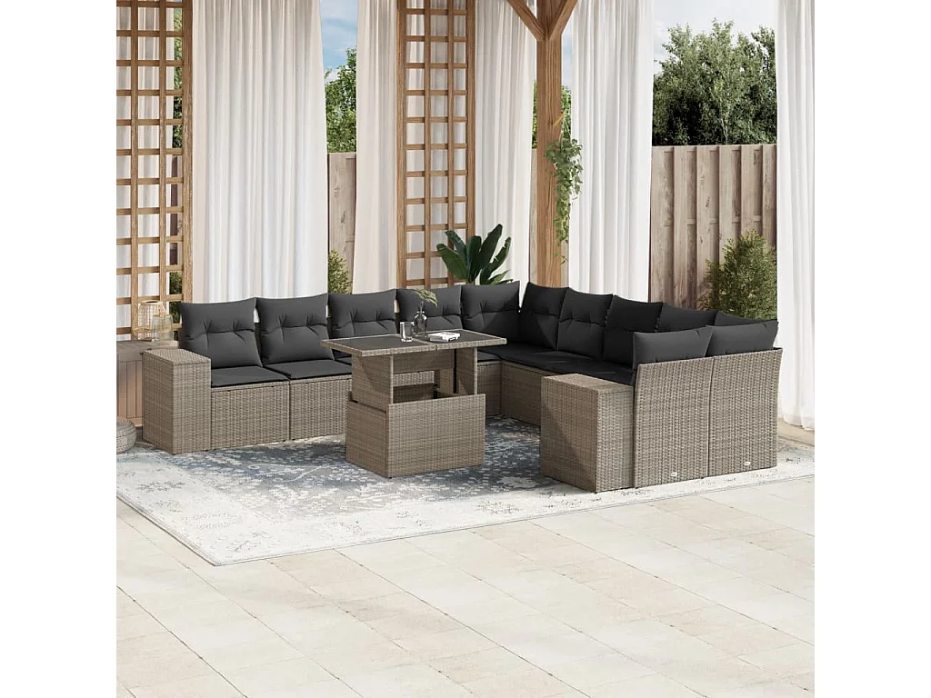Garden Furniture - 11-tlg. Garten-Sofagarnitur mit Kissen Hellgrau Poly Rattan