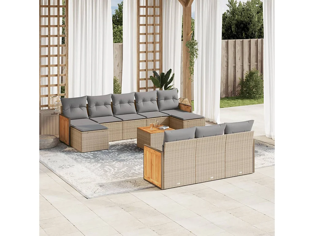 Garden Furniture - 11-tlg. Garten-Sofagarnitur mit Kissen Beige Poly Rattan